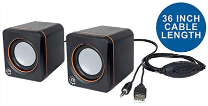 Manhattan USB Powered Stereo Speaker System - Small Size - with Volume Control & 3.5 mm Aux Audio Plug to Connect to Laptop, Notebook, Desktop, Computer - 3 Yr Mfg Warranty - Black Orange, 161435 | Powered desktop sound pair with analog input, 90 Hz-20 kH