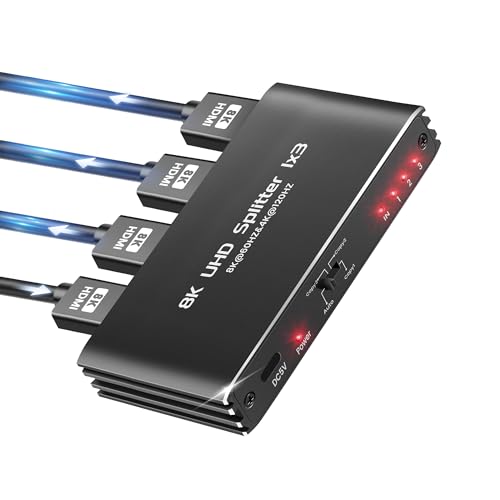 avedio Links HDMI 2.1 Splitter 8K@60Hz 1 in 3 Out 4K@120Hz, 1×3 HDMI Splitter for Multiple Monitors(Only Copy Input Screen), Hdmi Splitters for Gaming Support 48Gbps, HDCP 2.3, RGB 4:4:4