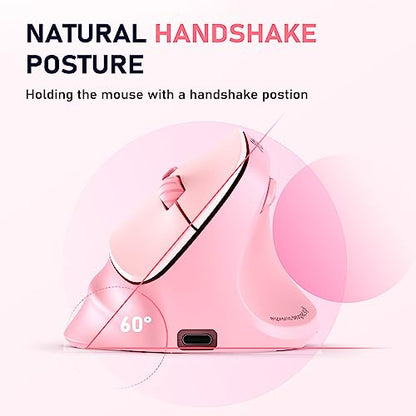 MEETION Ergonomic Wireless Vertical Mouse, Rechargeable, Pink | Bluetooth 5.2 + 3.0 and USB connectivity, RGB backlight, 4 DPI adjustment, compatible with Windows, Mac, Android, PC and iPad - color: Right Pink