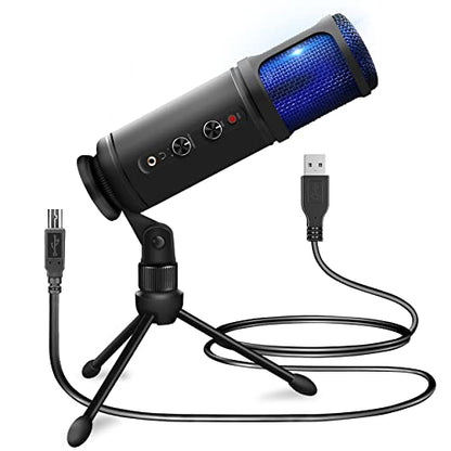 JOVIAL Pyle USB PC Recording Condenser Microphone, Portable Pro Audio Condenser Desk Mic, Blue LED, Adjustable Gain, Headphone Jack, Mute Control, Tripod Stand, for Podcast Streaming Gaming