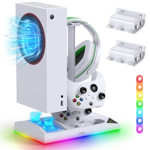 Upgraded RGB Cooling Fan Charge Stand for Xbox Series S Console &Controller | Dual Charger Dock Cooler System Stand with 15 Colorful Light Modes Accessories with 2*1400mAH Rechargeable Battery, White - color: White