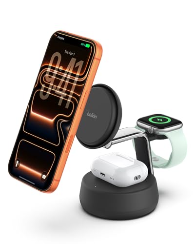 Belkin Qi2.2 25W Wireless Fast Charging Station, 3 in 1 iPhone Charger | Fast Charging, MagSafe Compatible, iPhone 17/16/15, Apple Watch, AirPods, Travel Charger, Magnetic - color: Black, style: 3 in 1
