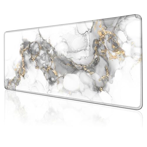 Large Gaming Mouse Pad (31.5x11.8in) - White & Gold Abstract Marble Design, Grey Liquid Ink Art - Extended Desk Mat, Elegant Modern Office Decor, Non-Slip Rubber Base - color: White Gold Marble, size: 11.8x31.5''