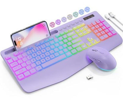 Wireless Keyboard and Mouse Combo, 9 Backlit Effects, RGB, 2.4GHz | Ergonomic Wrist Rest, Phone Holder, Rechargeable, Full Size, KM22 MAX Silent Set for Computer, Laptop, Mac, Windows (Purple) - color: Lavender Purple