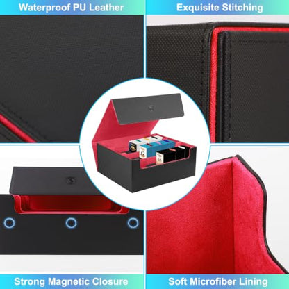 Trading Card Storage Box, Holds 1800 Sleeved Card, PU Magnetic Closure | 200 Toploaders and 600 Penny Sleeves INCLUDED, 10 Dividers and 6 Foam Stoppers INCLUDED, Fit for MTG, TCG and Sports Cards - color: Black and Red