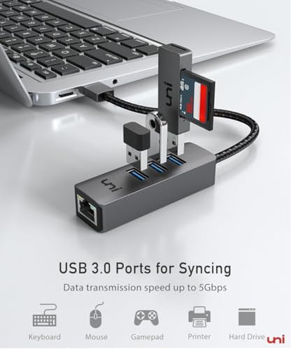 uni USB to Ethernet Adapter, USB 3.0 Hub with 100/1000 Mbps RJ45 Ethernet Driver Free, Sturdy Aluminum 4-in-1 USB-A to LAN Network Adapter Compatible with iMac, PC, Chromebook Laptops, and More