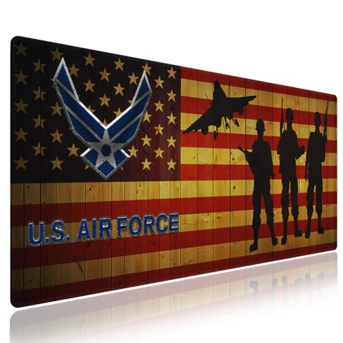 US Air Force Patriotic Large Mouse Pad, Wooden American Pride Flag Desk Mat | Keyboard Mat Stitched, 31.5" x 11.8", Military Soldier Fighter Jet Silhouette, Rustic Wood Grain, Man Cave Veteran Gift - color: Vibrant Design J11K