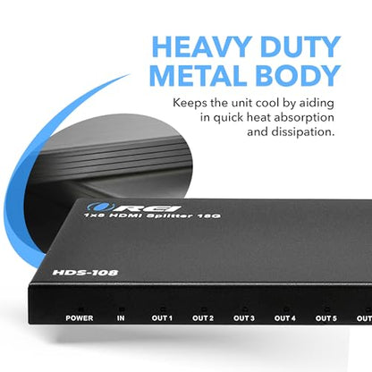OREI UltraHD 1 in 8 Out HDMI Splitter 4K@60Hz 4:4:4 - HDMI 2.0 and HDCP 2.2 compliant with 3D support and EDID control - size: 4K Splitters 1x8