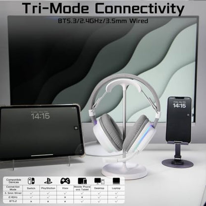 G7 Wireless Gaming Headset, Surround Sound 10ms Low Latency, PC Headset with Detachable Noise Canceling Mic, 40mm Driver, Tri-Mode 2.4G/BT5.2/Wired, Over Ear Headphone for PS5,PS4,Switch - color: White