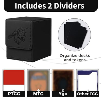Card Deck Box with 2 Dividers, MTG Commander Deck Box Holds 100+ Double-Sleeved Cards, Leather Magnetic Deck Case Compatible with Magic TCG CCG Cards, Black/Dragon - color: 4. Black 01,Dragon 01, size: 100 Double-sleeved Cards Vertical