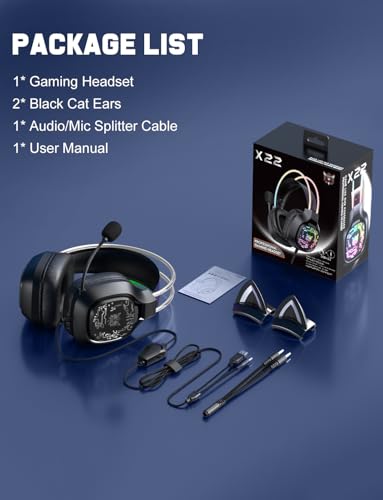 ONITOON Gaming Headset with Microphone, RGB Lights, Detachable Cat Ear, Lightweight Over-Ear Headphones with Adjustable Headband for PC, PS4, PS5, Mac, Switch, Surround Sound, in-Line Control, Black - color: Black