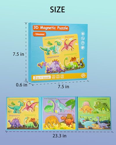 Magnetic Puzzles for Toddlers 2-4, Travel Puzzles Games for Kids Ages 1-3, Dinosaur Activities Toy Wooden Jigsaw Puzzles Book for Boys & Girls 1 2 3 4 5, Learning Magnet Gift for Road Trip (Dinosaur) - style: Dinosaur