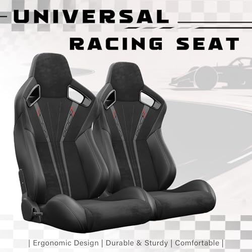 2 Pcs Adjustable Universal Racing Seats with Double Sliders, Reclinable Bucket Seats Suede, 1 Pair of Sport Seats for Vehicles (Black-T) - color: Black-T