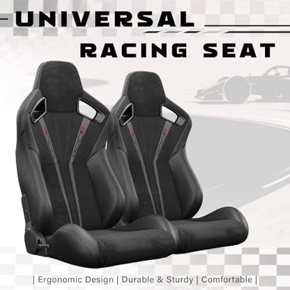 2 Pcs Adjustable Universal Racing Seats with Double Sliders, Reclinable Bucket Seats Suede, 1 Pair of Sport Seats for Vehicles (Black-T) - color: Black-T