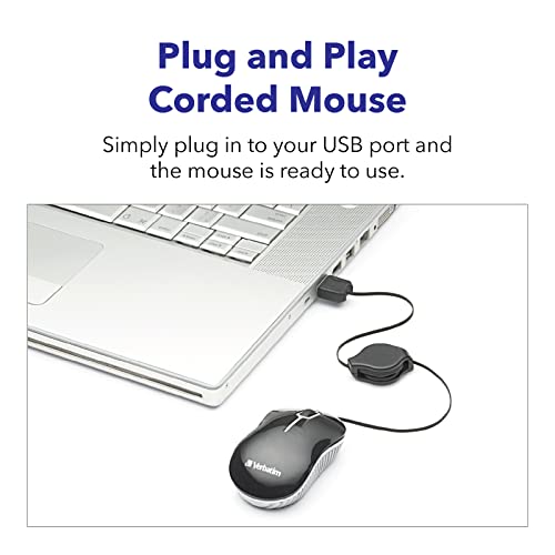 Verbatim Wired Optical Computer Mini USB-A Mouse - Plug & Play Corded Small Travel Mouse with Retractable Cable – Black 98113 - color: BLACK
