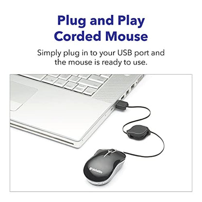 Verbatim Wired Optical Computer Mini USB-A Mouse - Plug & Play Corded Small Travel Mouse with Retractable Cable – Black 98113 - color: BLACK