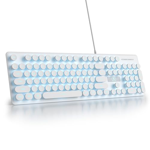 Wired Quiet Membrane Keyboard,Full Size 104-Keys Retro Punk Typewriter White LED Backlit ，USB Ultra Slim Gaming Keyboard with ABS Round keycaps for Windows/PC/Laptop (White) - color: White