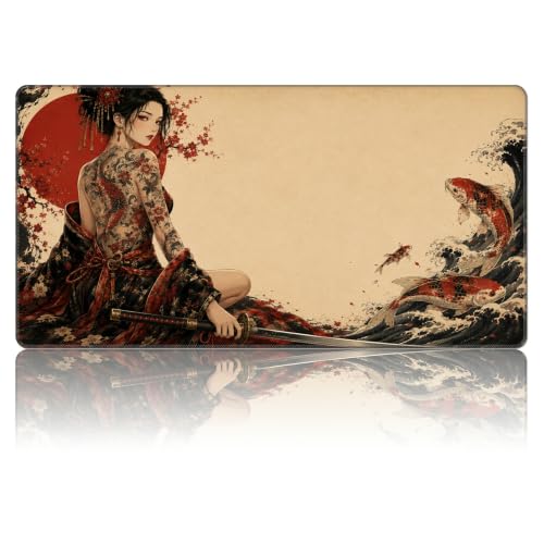 Koi Wave Tattoo MTG Playmat, Card Game Play Mat with Stitched Edges, Smooth Surface Board Game Trading Card Mat, Non-Slip Rubber Base Large Gaming Mouse Pad 24 x 14 Inch - color: Koi Wave Tattoo