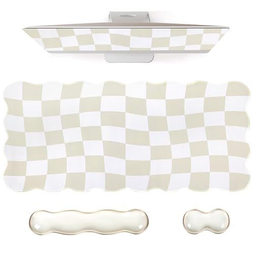 L-SPOUTTO Beige Checkered Mouse Pad Set,Scalloped XXL Desk Mat + Ergonomic Mouse Wrist Rest + Gel Keyboard Wrist Rest for Keyboard 65%/75%,3in1 Large Desk Pad for Desktop Home Office Computer Game - color: Beige Checkered