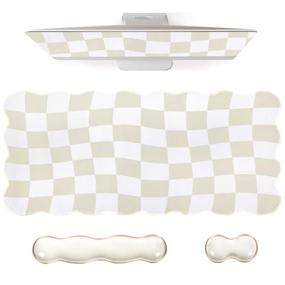 L-SPOUTTO Beige Checkered Mouse Pad Set,Scalloped XXL Desk Mat + Ergonomic Mouse Wrist Rest + Gel Keyboard Wrist Rest for Keyboard 65%/75%,3in1 Large Desk Pad for Desktop Home Office Computer Game - color: Beige Checkered