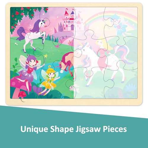 Wooden Puzzles for Kids Ages 3-5, 12 Piece Puzzle for 3 Year Old Fairy Princess, Preschool Toddler Puzzles for 3 4 5 Year Old with Picture Underneath