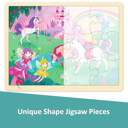 Wooden Puzzles for Kids Ages 3-5, 12 Piece Puzzle for 3 Year Old Fairy Princess, Preschool Toddler Puzzles for 3 4 5 Year Old with Picture Underneath
