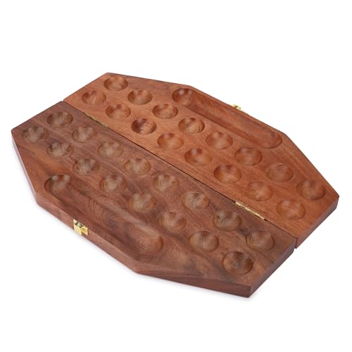 Ajuny Wooden Mancala Board Game Folding Travel Set with 96 Stones 2 Player | Traditional Counting Strategy Activity for Children Grownups Family Nights Educational Entertainment Birthday Holiday Present - size: 14 Inch