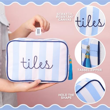 Sanwuta 1 Pcs Mahjong Tile Bag with Zipper,Blue,Striped | Embroidered Mahjong Case for 166 American Mahjong Tiles (1.2") Portable Bags for Board Game Party Gathering Travel - color: Blue, style: Classic