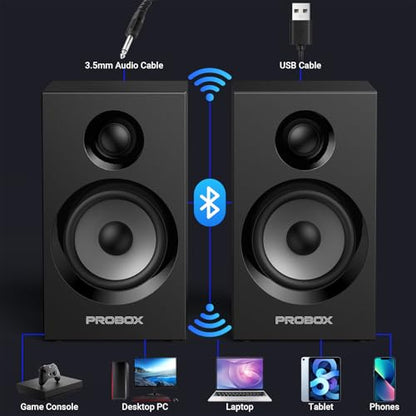 Powered Bookshelf Speakers HiFi Computer Gaming Monitors with Bluetooth 5.3 & 24-Bit USB DAC Stereo Speaker PC Speakers 3.5" Woofer,1" Silk Dome Tweeter, Adjustable Bass/Treble BT16-Black