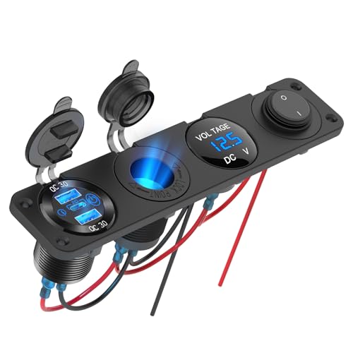 4 in 1-12V USB Outlet RV Accessories Marine Switch Panel Plug, PD3.0 and Dual QC3.0 Car USB Port Aluminum Charger, Lighted 150W Cigarette Lighter Socket, Blue LED Voltmeter and Toggle Switch DIY Kit - color: Charger+Socket+Voltmeter+Switch