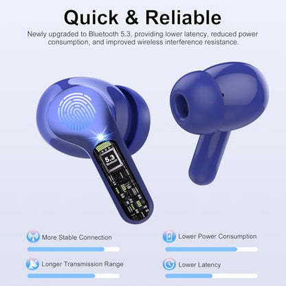 Wireless Earbuds, Bluetooth 5.4 Headphones HiFi Stereo, Bluetooth Earbuds with ENC Noise Cancelling Mic, IP7 Waterproof in Ear Earphones, 48H, LED Display Ear buds for Pad Workout Sports, Blue - color: Blue