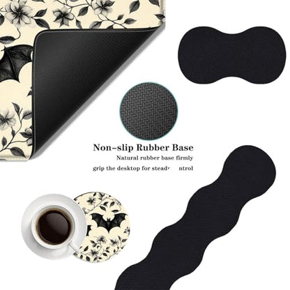 Mouse Pad,Large Desk Mat Set, 4in1 XL Mousepad + Keyboard Wrist Rest+Mouse Wrist Rest+Coaster with Ergonomic Desk Pad for Home Office Table Computer Cover -Floral Bats Pattern - color: Floral Bats Pattern