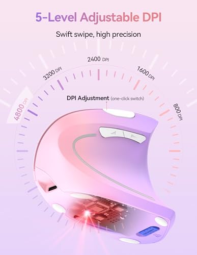 TECKNET Wireless Ergonomic Mouse, Rechargeable Wireless Vertical Mouse | Rechargeable, 2.4GHz USB Receiver, Silent Click, 6 Adjustable DPI up to 4800, 6 Buttons for Laptop, PC, Pink and Purple - color: Pink and Purple