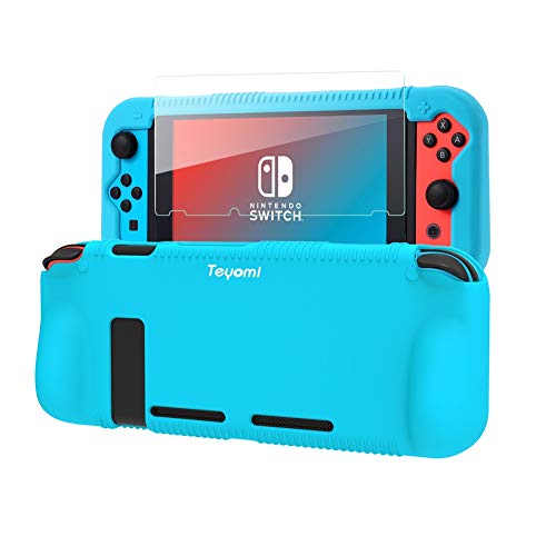 Teyomi Protective Silicone Case for Nintendo Switch, Grip Cover with Tempered Glass Screen Protector, 2 Storage Slots for Game Cards, Shock-Absorption & Anti-Scratch (Blue) - color: Blue