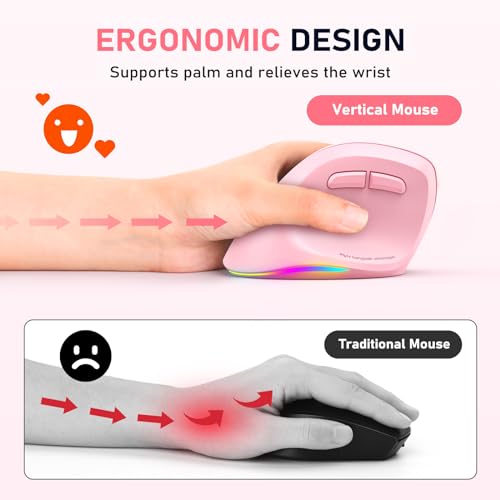 MEETION Left-Handed Wireless Ergonomic Vertical Mouse, Rechargeable - Pink | Dual Bluetooth 5.2/3.0 + USB, RGB lighting, 4 adjustable DPI, compatible with Windows, Mac, PC, iPad and tablets - color: Left Pink