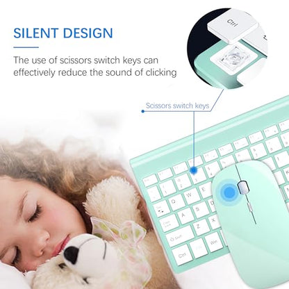 Wireless Keyboard and Mouse Ultra Slim Combo, TopMate 2.4G Silent Compact USB 2400DPI Mouse and Scissor Switch Keyboard Set with Cover, Batteries Included, for PC/Laptop/Windows/Mac - Mint Green - color: Mint Green