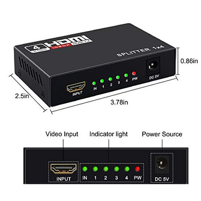 HDMI Splitter 1 in 4 Out -4K Hdmi Splitter 1x4 Ports v1.4 Powered | 4 Way HDMI Splitter, Powered HDMI Splitter 4K/2K Full Ultra HD 1080p 3D Support