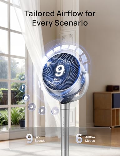 DREO Smart Fan for Bedroom, 110ft Pedestal Fan with DC Motor, 150°+120° Omni-Directional Oscillation, Quiet Floor Fan with Smart Control, 9 Speeds, 6 Modes, 43'' Inches, 12H Timer, Wi-Fi/Voice/Alexa - color: Silver