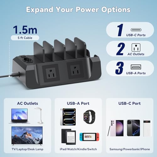 KDD Charging Station with 6 Charging Cables - Fast Charging 6 in 1 Cellphone Charging Dock with Headphone Stand and Watch Holder - 2 AC&USB A&USB C, Storage Station for Smartphone,Tablets, AppleWatch