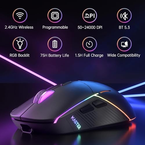 FFJ Wireless Gaming Mouse, 24000 DPI, Rechargeable Gaming Mice for PC, Mac | Tri-Mode 2.4G/USB-C/Bluetooth 5.3 Gaming Mouse Wireless, RGB Programmable Mouse Gamer, 75Hrs Battery Life, Black