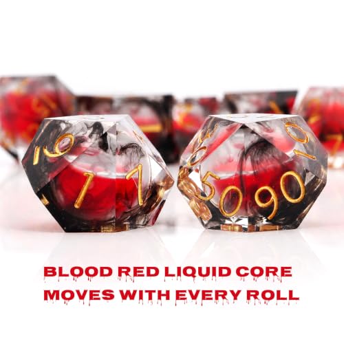 Haxtec Sharp Edge DND Dice Set, Liquid Core Resin Polyhedral RPG Dice | Black Swirls D&D Dice, Compatible with Dungeons and Dragons, Red Blood Liquid, Handmade 7-Die with Metal Case, MTG Gifts - color: Blood & Black