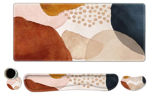 ToLuLu Extended Gaming Mouse Pad, Memory Foam Ergonomic Keyboard Mouse Wrist Rest Support Set, Large Desk Mat with Stitched Edges, Non-Slip Base Mousepad for Home Office and Game, Brown Boho Art - color: Brown Boho Art