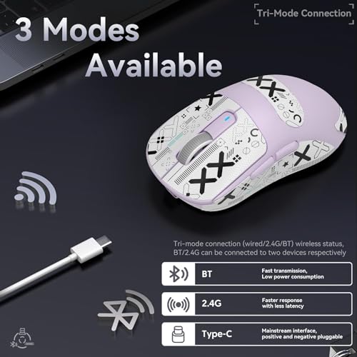 ATTACK SHARK X3 Wireless Gaming Mouse, 49g Bluetooth/2.4G/USB-C Ergonomic Computer Mouse, PAW3395 26K DPI Sensor, 200h Battery Life, Programmable Buttons, Gaming Accessories for PC/Laptop/Mac - color: Lavender & Griptape