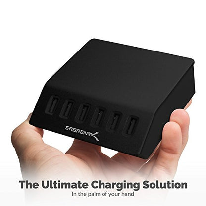 SABRENT 60W 6-Port USB Charging Station, Auto-Detect, UL (AX-FLCH-B) | 12A aluminum desktop rapid charger; smart auto-detect ports; UL certified; black - size: 6-Port