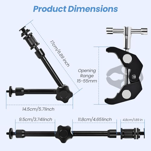 11‘’ Magic Arm with Crab Clamp, Super Clamp Kit 1/4“ & 3/8” Threads Screws, Heavy Duty Magic Arm for DSLR, Phone, Monitor, LED Light, Action Cam, 360° Ball Rotating Camera Mount