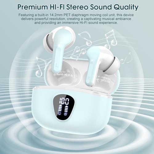 Wireless Earbuds, Bluetooth 5.4 Headphones HiFi Stereo, Bluetooth Earbuds with ENC Noise Cancelling Mic, IP7 Waterproof in Ear Earphones, 48H, LED Display Ear buds for Pad Workout Sports, Azure - color: Azure