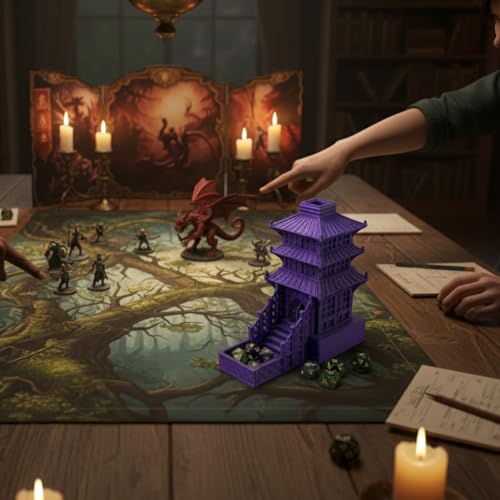 Temple Dice Dice Tower Dungeons and Dragons RPG Tabletop Roleplaying Game Jail DND (Random 7PCS D20 Dice Set Included) (Purple) - color: Color a