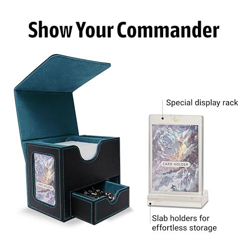 Commander Deck Box for MTG with Dice Tray - Card Deck Box Fits 100 Double-Sleeved Cards & 35PT Card Brick with Commander Display & Magnetic Holder for TCG/CCG Games-Black/Cyan - color: Black Cyan