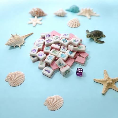 G.R.I Mermaid Themed Mahjong Block Set, 128 Pieces Seaside Escape Tile Game for 4 Players with Storage Bag and Crystal Dice, Portable Birthday Party Game