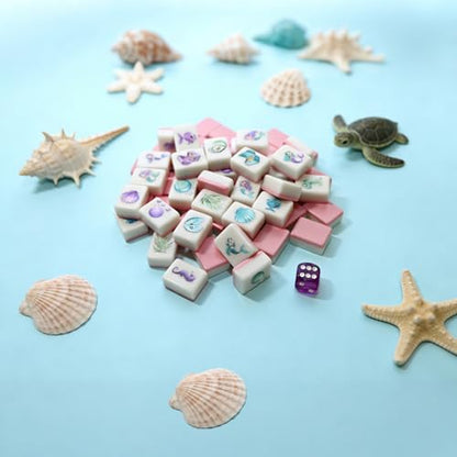 G.R.I Mermaid Themed Mahjong Block Set, 128 Pieces Seaside Escape Tile Game for 4 Players with Storage Bag and Crystal Dice, Portable Birthday Party Game